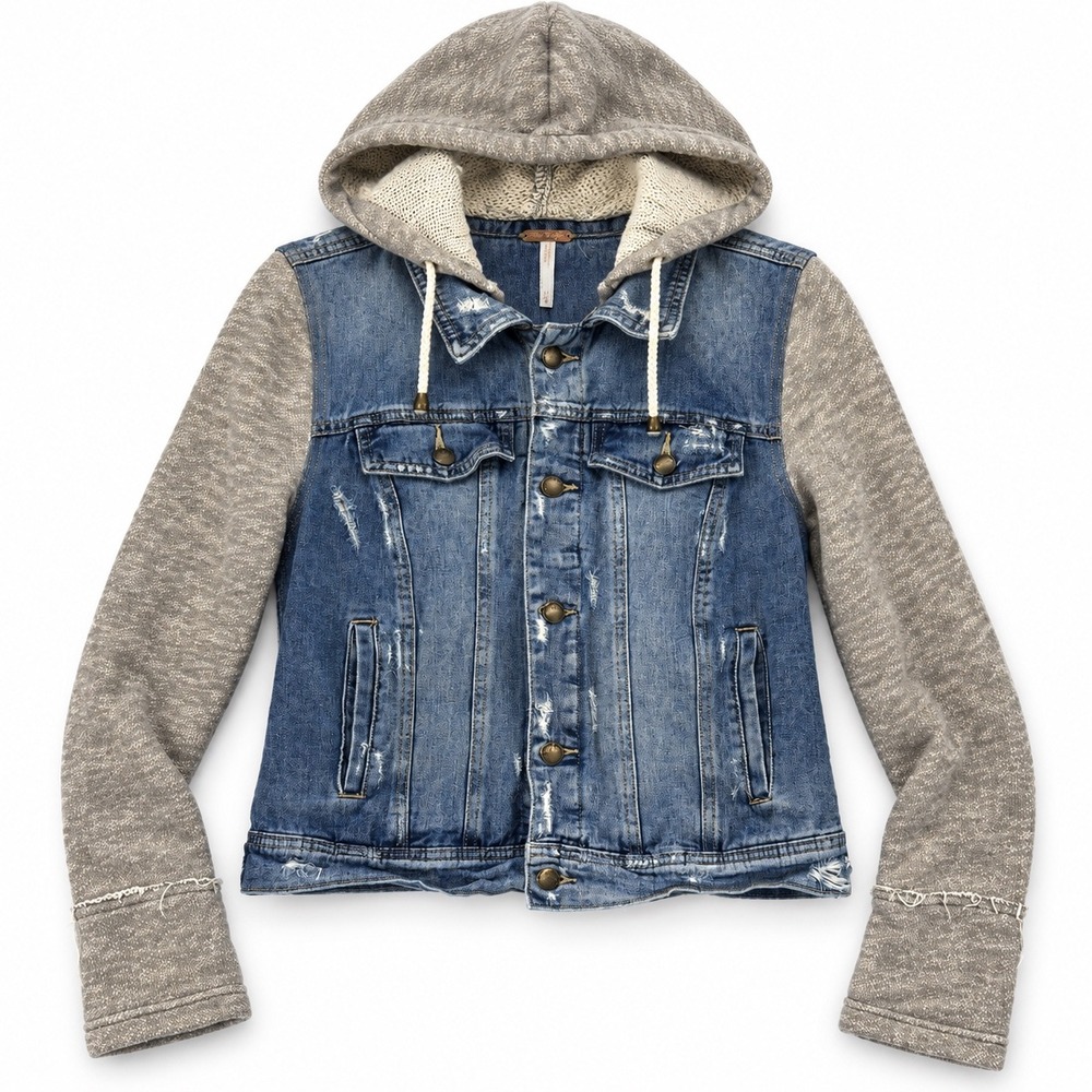 Free People Denim Jacket Womens M Distressed Removable Hood Knit Sleeves Grunge